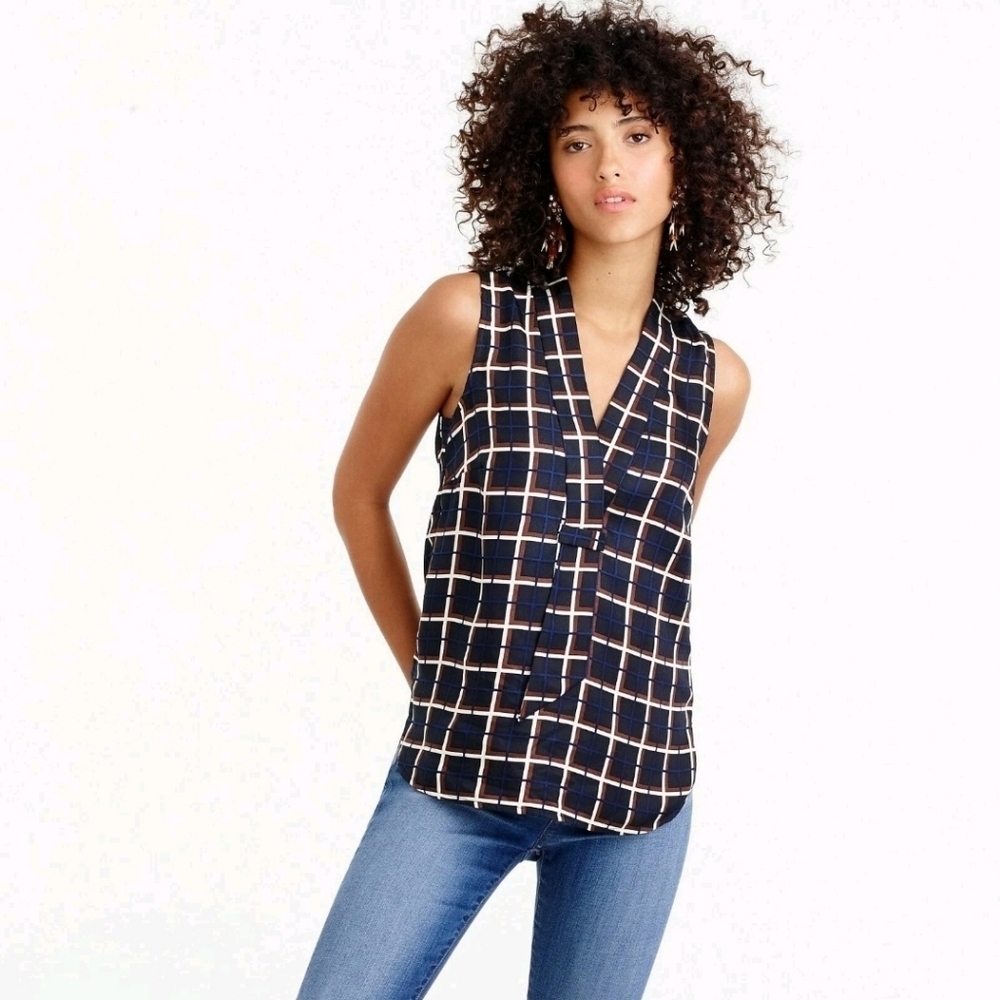 ❤️ J CREW SILK TWILL SLEEVELESS TOP IN WINDOWPANE PLAID, 4